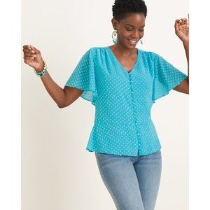 Chico's Blouse Womens Size 1 Medium 8 Blue Clip Dot Peplum Flutter Sleeve Top